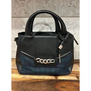 Christian Lacroix Black Faux Leather Plaid Tote Purse Double Zip Chain Detail